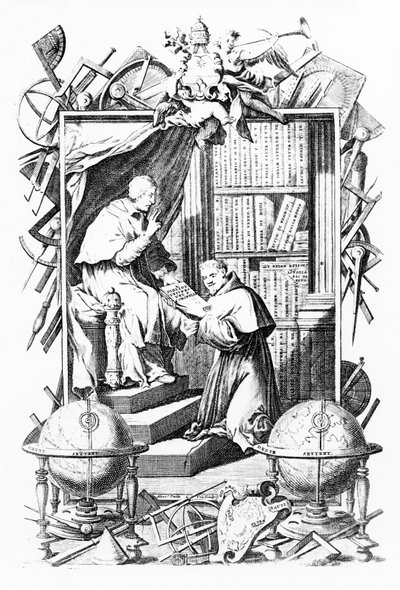Frontispice for Sacred-Profane Universal Library, Vol. 1 av Vincenzo Coronelli, trykk laget av Alessandro dalla Via, utgitt 1701 av Italian School