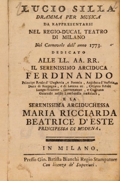Frontispice fra Mozarts Lucio Silla, fremført i Milano i 1773 av Italian School