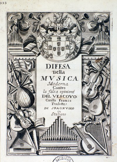 Frontispice of Defense of moderne musikk: mot den falske oppfatningen til biskop Cirillo Franco, av kong James IV av Portugal av Italian School