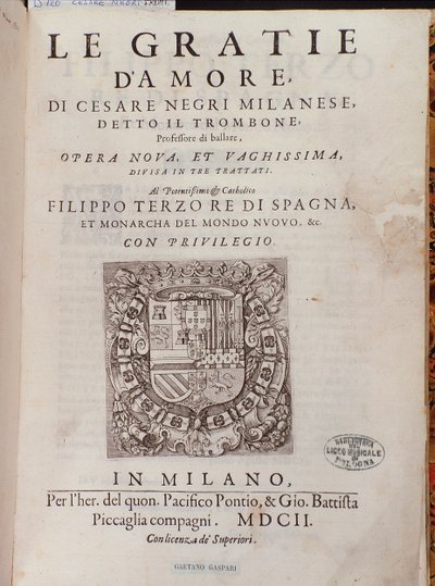Frontispice av Le Gratie dAmore (Le Grazie dAmore) av den italienske danseren Cesare Negri kalt Il Trombone (1536-1604), traktat om dans av Italian School