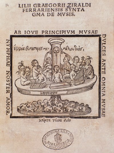 Frontispice av Liii Graegorii Ziraldi Ferrara Syntagma De Mvsis av Giglio Gregorio Giraldi av Italian School