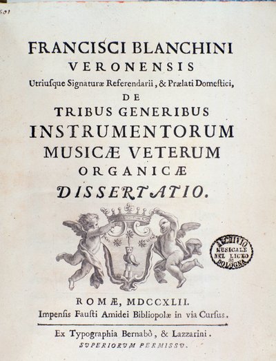 Frontispice av "" av Tribe Instrumentorum Musicae Veterum"" verk om gamle musikkinstrumenter av Francesco Brea av Italian School
