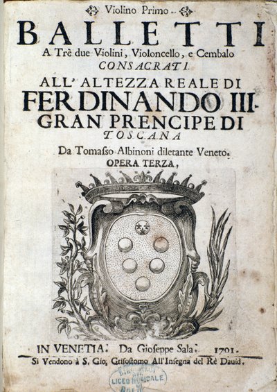 Frontispice av musikalsk partitur av Balletti a tre, opera III av Tomaso Albinoni (1671-1750) av Italian School