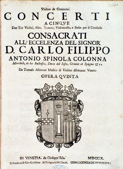 Frontispice av musikalsk partitur av "Concerti a cinque, opera 5" av Tomaso Albinoni av Italian School