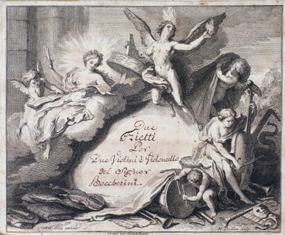 Frontispice av musikalsk partitur av To triets for to fioliner og cello av Luigi Boccherini av Italian School