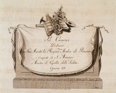 Frontispice av musikalsk partitur av Sei canoni av den italienske komponisten Natale Mussini (1765-1837) dedikert til dronningen av Preussen av Italian School