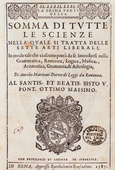 Frontispice hentet fra Sum of all sciences, essay om liberal arts, av Aurelio Marinati av Italian School