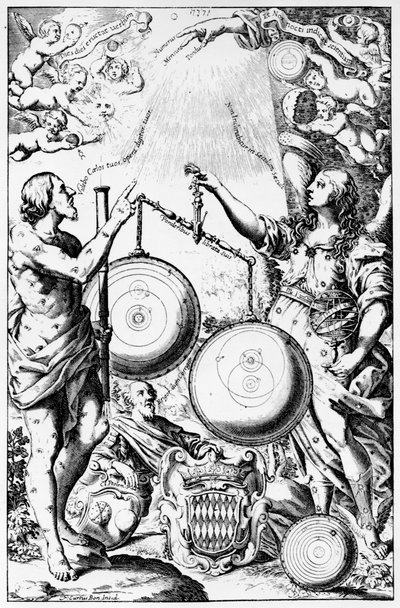 Frontispice til Almagestum Novum av Giovanni Battista Riccioli, utgitt i 1651 av Italian School