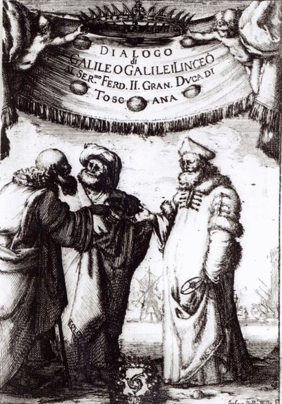 Frontispice to Dialogue on the to greatest systems of the world av Galileo, utgitt i 1632 av Italian School