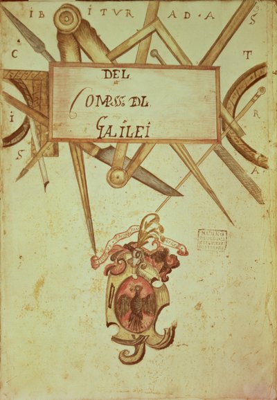 Gal.37 f.3r Frontispice til et kopimanuskript av The Operation of Geometric and Military Compasses skrevet av Galileo Galilei (1564-1642) av Italian School