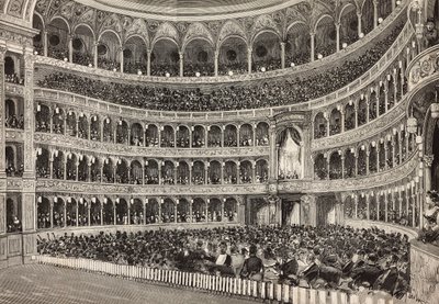 Gallaaften på Costanzo-teateret til ære for kronprinsen av Tyskland (fremtidens Frederick III), Roma, Italia, gravering fra tegning av Dante Paolocci, fra L