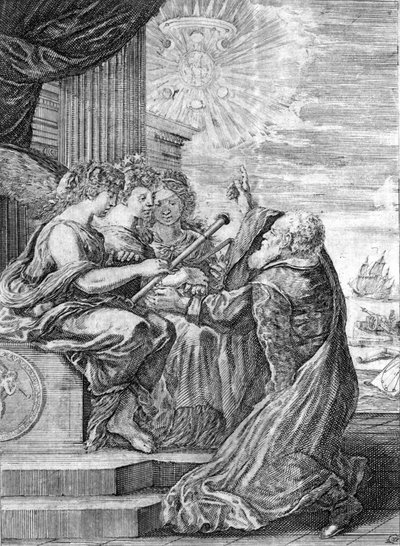Galileo, astronom (1564 - 1642) presenterer teleskopet til de tre nådene. Med høyre hånd indikerer han planeten Jupiter med satellittene sine oppdaget av ham selv og dedikert til Medici-familien. Frontispice de “”Opere di Galileo”” Bologna av Italian School