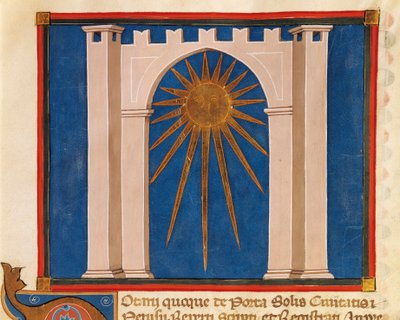 Gateway of the Sun, miniatyr fra Register of Notaries from Perugia, manuskript, Italia 14. århundre. av Italian School