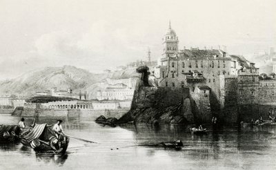 Genova marinavegg med Villa Doria Pamphili i bakgrunnen, gravering, ca 1850, Italia av Italian School