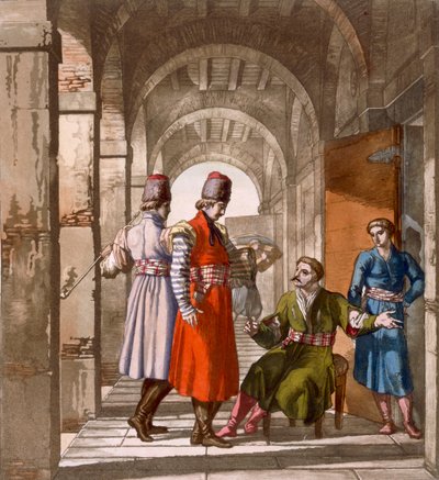 Georgiske menn som prater og røyker i en spillehall, ca. 1820-30-tallet av Italian School