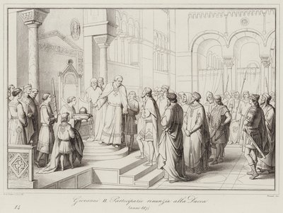 Giovanni II Partecipazio gir avkall på hertugdømmet, 887 (gravering) av Italian School