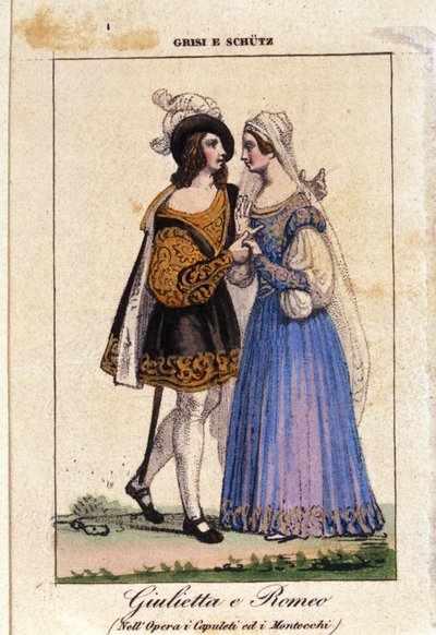 Giulia Grisi og Schutz tolker Romeo og Julie i "I Capuleti e i Montecchi" (Les Capulet et les Montaigu) av Vincenzo Bellini av Italian School