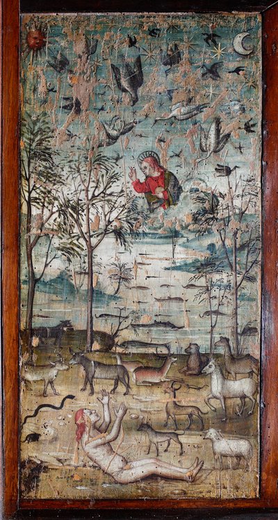 Gud skaper Adam, dyr, land, himmel og vann Tremaleri som dekorerer et skappanel av det gamle sakristiet til Bramante (maleri i sakristiet til Bramante) Basilica di Santa Maria delle Grazie, Milano, Italia av Italian School