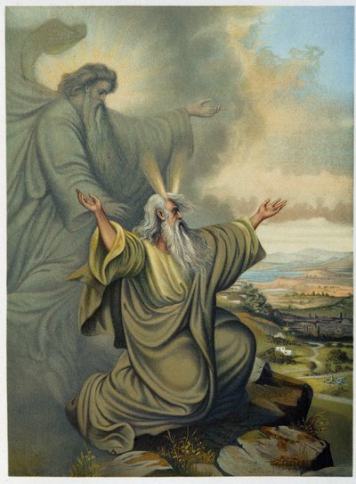 Gud viser Moses det lovede land - i "Classical Golden Bible: History of Divine Revelation in the Ancient and New Tension" "av Giovanni Ladislao Sykora (vol. 1), oversatt av Don Clemente Benetti. (italiensk bibel) av Italian School