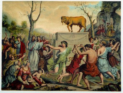 Gullkalv i «Golden classic Bible: history of divine openbaring in the old and in the new striving» av Giovanni Ladislao Sykora (bd. 1), oversatt av Don Clemente Benetti. (italiensk bibel) av Italian School
