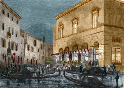 Gondoliere venter på tilskuere utenfor Teatro La Fenice, Venezia, Italia, fra Le Monde Illustre n°564, 1868 av Italian School