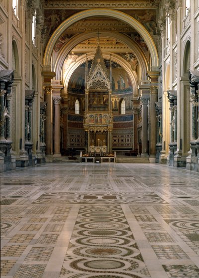 Gotisk kunst: utsikt over det pavelige alteret over Tabernaklet laget av Giovanni di Stefano rundt 1367 pryder tolv paneler dekorert med fresker av Barna da Siena (1300-tallet). 1367-1368. Basilica of St. John of Laterano (San Giovanni in Laterano) av Italian School