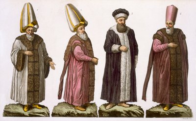Grand Visir, Caim-Mecam, Reis-Efendi og Khodjakian, plate 15 fra del III, bind I av The History of the Nations, gravert av C. Botticella (akvatint) av Italian School
