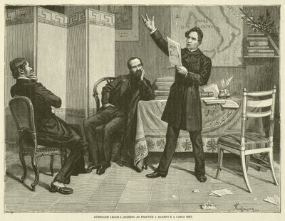 Guerrazzi leser beleiringen av Firenze til Mazzini og Carlo Bini (gravering) av Italian School