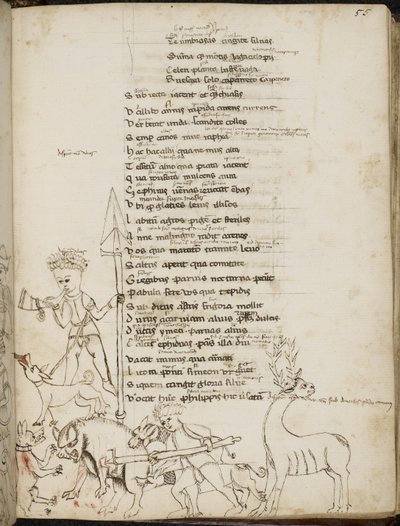 Harley 2453, f.55 En jaktscene med en villsvin, en hjort, jegere, hunder og en hare, fra 'Tragodiae', av Lucius Annaeus Seneca av Italian School
