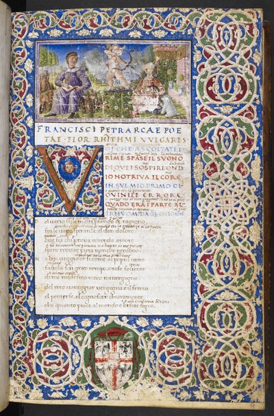 Harley 3567, f.9 Miniature of Petrarch and Laura, med kjærlighet rettet pilen mot Laura, fra 