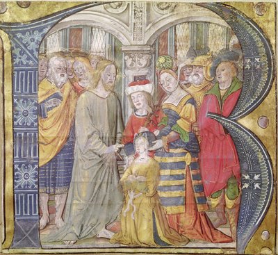 Historikert initial B som viser Kristus som helbreder en besatt kvinne av Italian School