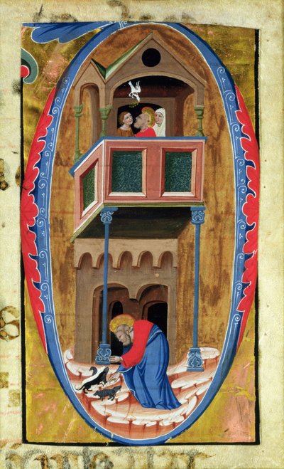 Historikert initial D som viser scener fra Legend of a Saint, sent på 1300-tallet, av Italian School