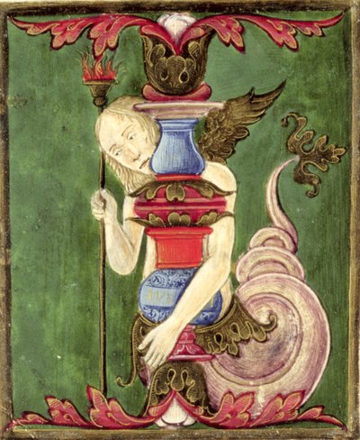Historikert initial 'jeg' som viser en bevinget havfrue (vellum) av Italian School