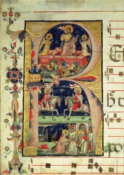 Historikert initial R som viser oppstandelsen, to ridderhelgener og en biskopshelgen som mottar relikvier av Italian School