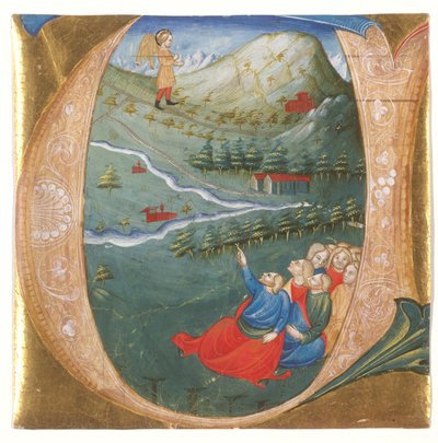 Historiated initial depicting Elisha in the Mantle of Elijah, cutting from an antiphonary, c.1440 (tempera & gold leaf on parchment)   1410184   no       norwegian Successfully Translated  Original: Weibliche Studie zum "Einzug nach dem Pariser Frieden" Tr av Italian School