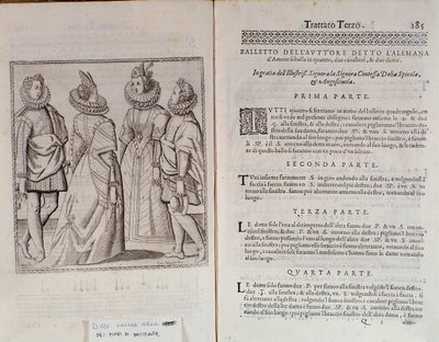 Hvordan danse Alemanna Dobbeltside av Le Gratie dAmore (Le Grazie dAmore) av den italienske danseren Cesare Negri kalt Il Trombone (1536-1604), traktat om dans av Italian School