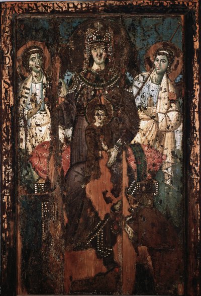 Ikon for jomfruen av Clemence eller Madonna Theotokos Painting a l"encaustic et tempera 8. århundres kirke Saint Mary in Trastevere av Italian School