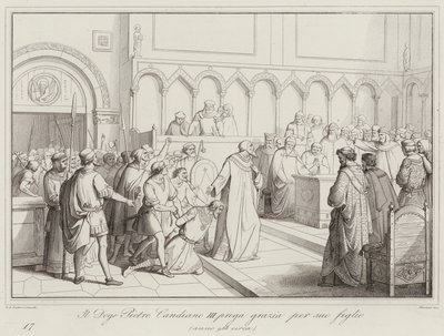 Doge Pietro Candiano III ber om nåde for sin sønn, 958 (gravering) av Italian School