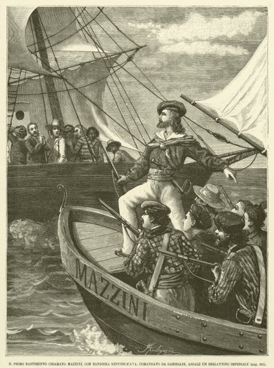 Det første verftet kalt Mazzini, med republikansk flagg, kommandert av Garibaldi, Assale An Imperial Brigantion (gravering) av Italian School