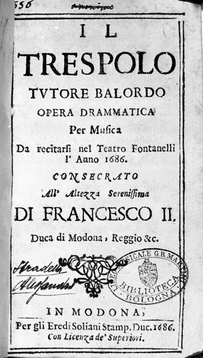 Abborlærerens tåpelige partitur for operaen av Alessandro Stradella (1644 - 1682) italiensk komponist. Modena 1688. av Italian School