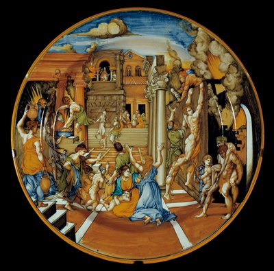 Iliaden av Homere: fajansefat som representerer Trojas ild. realisert i Faenza. 1525-1530. Paris, Louvre-museet av Italian School