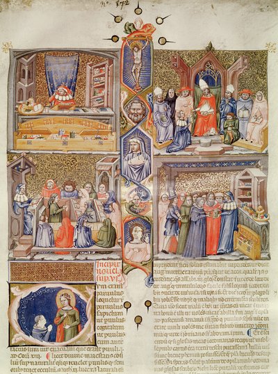 Belysning delt inn i fire scener: A Juristconsult at his table; En pave blir tilbudt en bok; En leksjon i en juridisk høyskole; En bokhandel, med en historisk hovedstad med St. Catherine og en Or av Italian School
