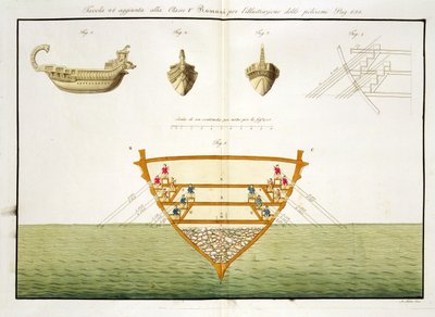 Illustrasjon av en romersk polyrem, plate 26, klasse 5 fra del I av The History of the Nations, gravert av A. Nani (akvatint) av Italian School