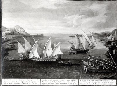 Hendelse utenfor Patras mellom den venetianske kapteinen Ivanovich da Dabrota og den tyrkiske piraten Barbarossa, 17. april 1751 av Italian School