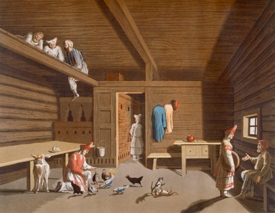 Interiør i et russisk bondehjem, ca. 1820-30-tallet av Italian School