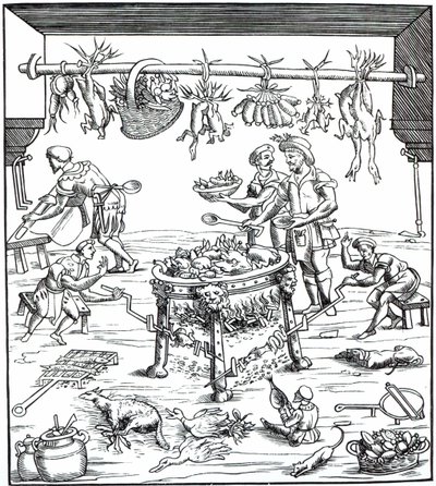 Interiør i et italiensk kjøkken, etter tresnitt i Banchetti composidi di Vivende av Christoforo di Messisburgo, utgitt 1549 av Italian School