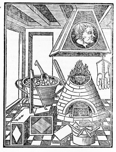 Innvendig visning av et metallurgiverksted Gravering fra "Voarchadumia contra alchimiam ars distincta ab archimia et sophia.." av Giovanni Agostino Pantheo (1517-1535) av Italian School