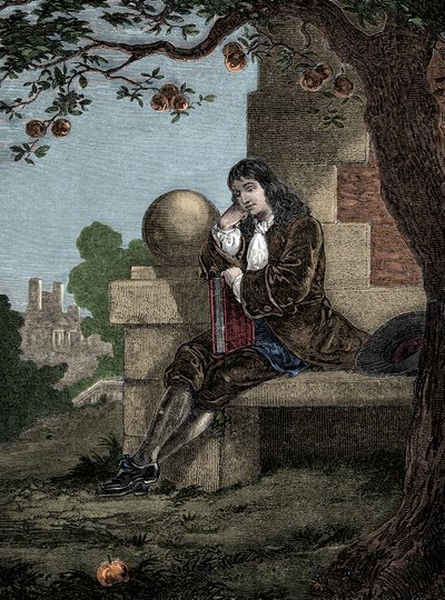 Isaac Newton ser et eple falle til bakken mens han sitter under et tre av Italian School