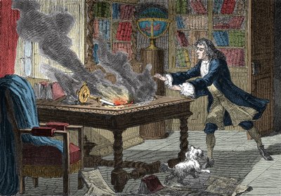 Isaac Newtons hund banker et stearinlys og setter fyr på papirene hans av Italian School