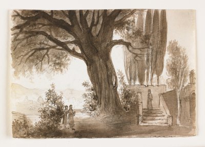 Italiensk landskap med eiketre, tidlig på 1800-tallet (penn og brunt blekk og vask over kritt) av Italian School